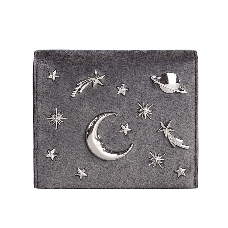 Femmes velours portefeuille femme mince sac à main court petit Pu cuir changement porte-carte pièces de monnaie fermeture éclair lumière étoile lune moraillon embrayage Girs: GRAY