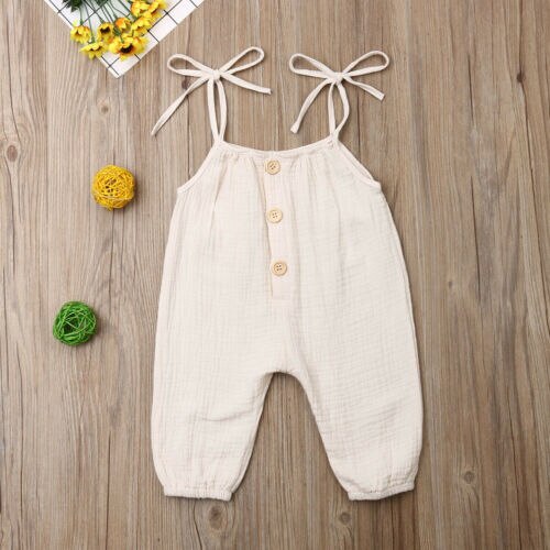 Mono sin mangas con botones y cinturón para bebés y niños ropa de mono de combinación de verano: Blanco / 6-12 months