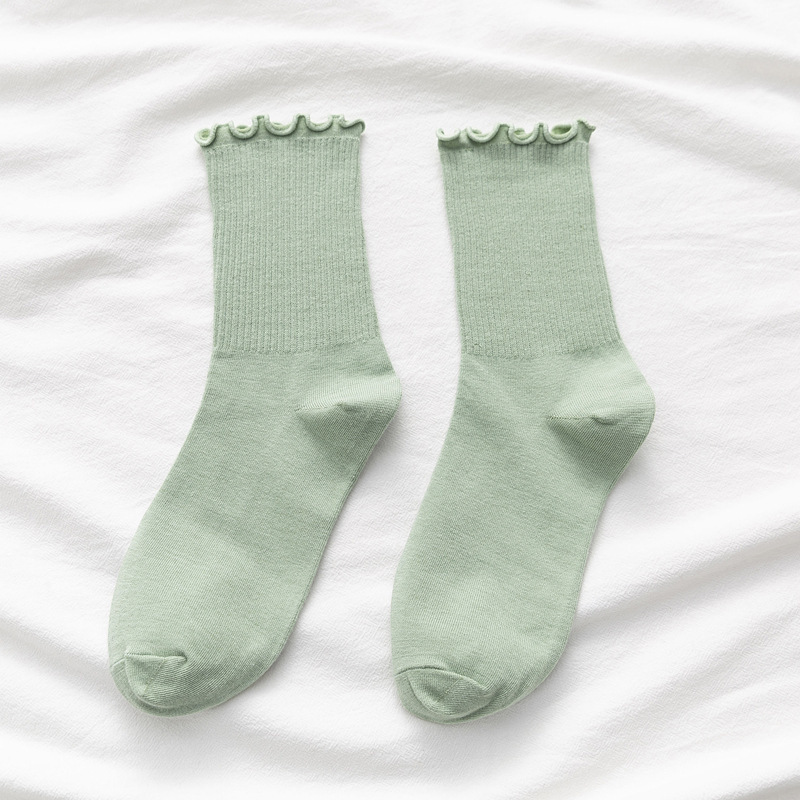 White Socks Women Kawaii Cute Frilly Ruffle Socks Summer Cotton Breathable Korean Japanese Candy Color Crew Socks Female: Green