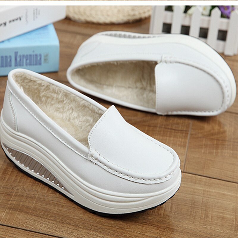 SWYIVY Women Winter Warm Shoes Plus Velvet Lady Toning Swing Shoes Wedge Leather Height Increasing Female Slimming Shoe: White / 39