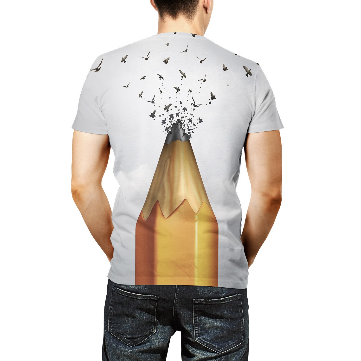 Sommer plus size herre t-shirt blyant 3d print kortærmet rund hals top t-shirt homme til herretøj hvid