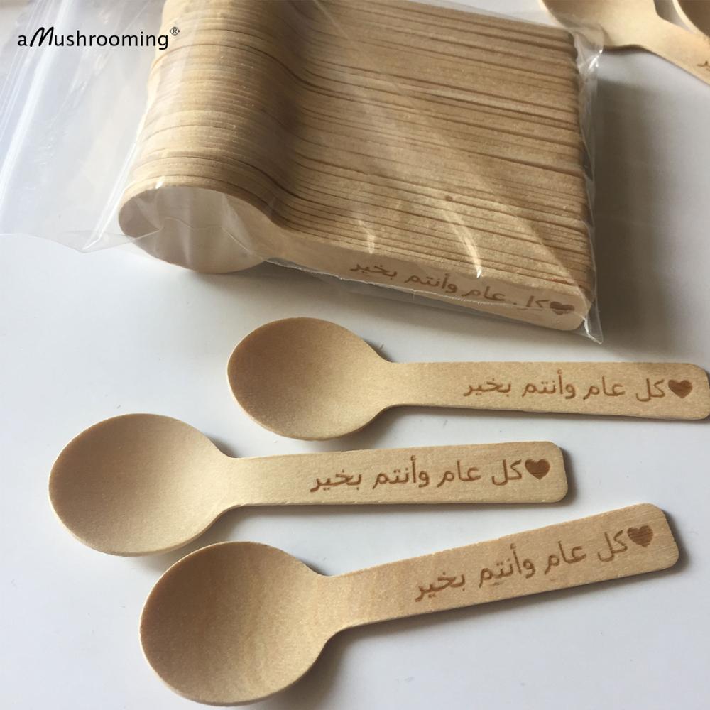 Custom eco-friendly Mini Wooden Spoons Engraved Dessert Pudding Taster Ice Cream Spoons Rustic Wedding Birthday Favor Valentines