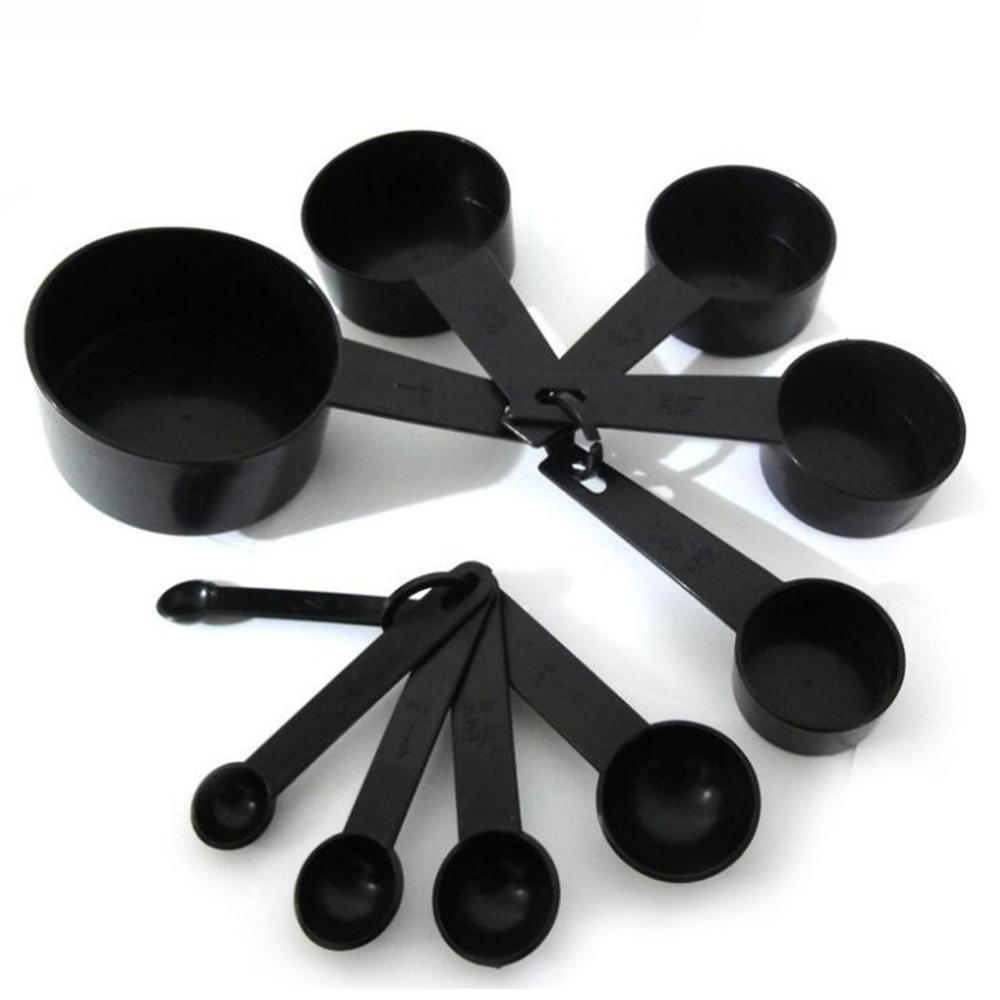 10 Uds. Cucharas de plástico negro para medir de cocina, cucharada de azúcar para café, tartas, hornear, harina, tazas medidoras, utensilios de cocina