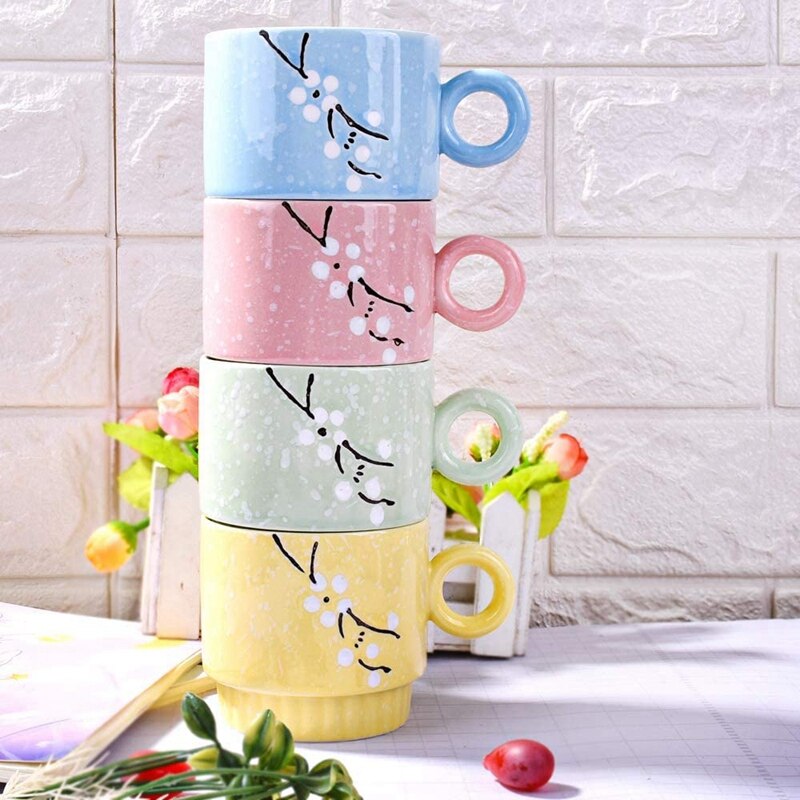 ! Ceramic Coffee Mugs Set Of 4,Stackable Coffee Cups With Stand,Vibrant Color And Space Saving,For Latte,Mocha Coffee,T
