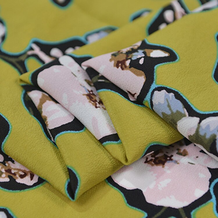 Floral print yellow silk cotton blended fabric feel like silk crepe de chine fabric,SCT746