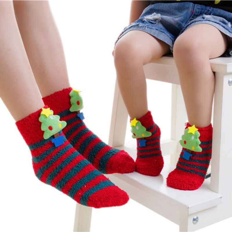 Cute Adults Women Kids Baby Christmas Cosplay Fancy Socks Family Matching Xmas Warm Ankle Socks Thick Furry Socks 1Pcs