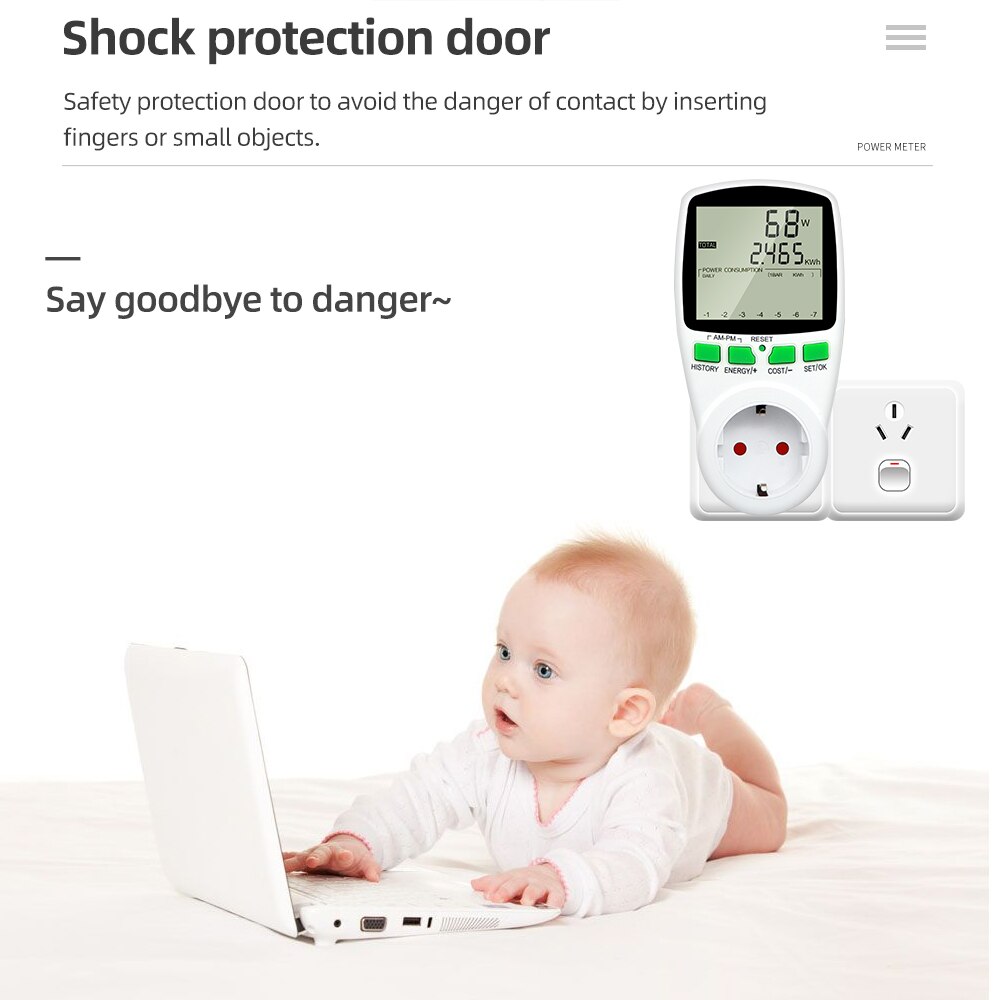 EU Plug Power Meter Digital Wattmeter Socket AC 220V Energy Meter LCD Disply Electricity Cost Diagram Measuring Socket Analyzer