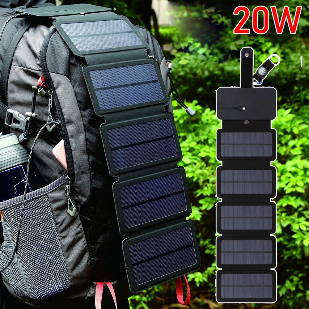 20W Foldable Solar Panel USB Solar Cells 5V Portable Battery Charger Outdoor Solar Charger Power Bank for Smartphones Charging