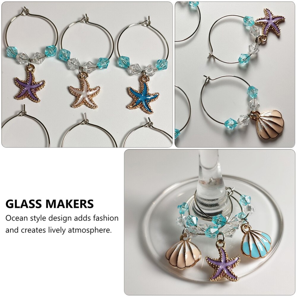 6Pcs Shell Hanger Glas Ringen Identificeren Label Ring Oceaan Stijl Glas Marker