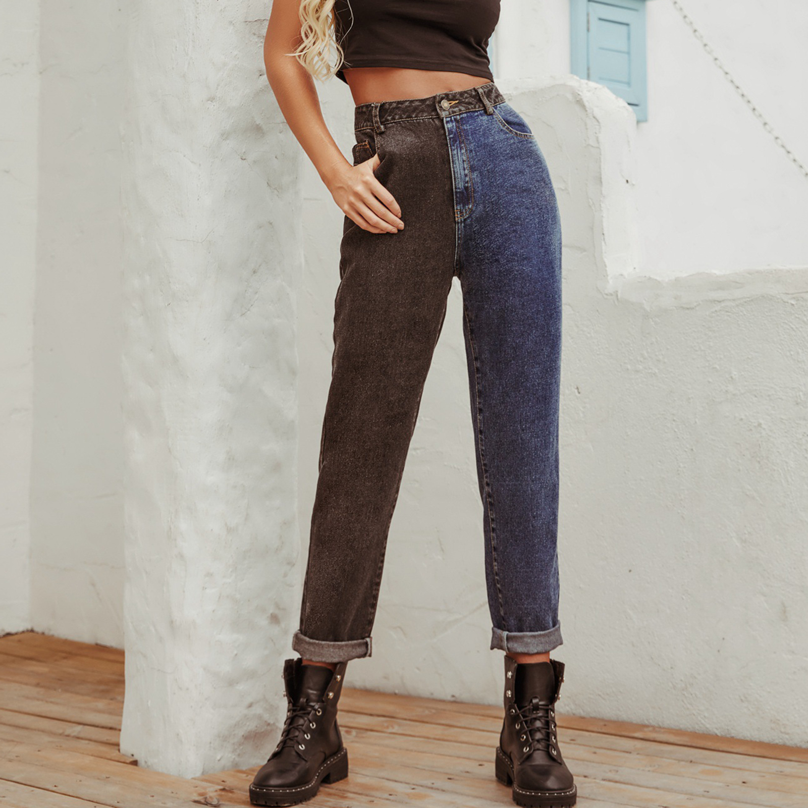 Jean Denim taille haute pour femmes, jean droit, deux tons, noir, bleu, décontracté,