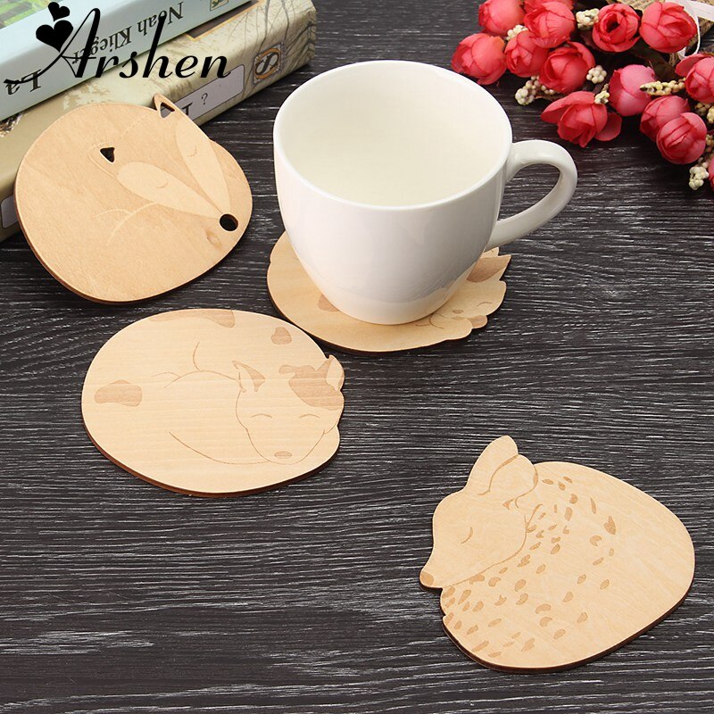 Arshen Lovely 4 unids/set gato zorro perro venado tallado posavasos de madera para taza almohadilla aislante térmico mantel estera de mesa de cocina