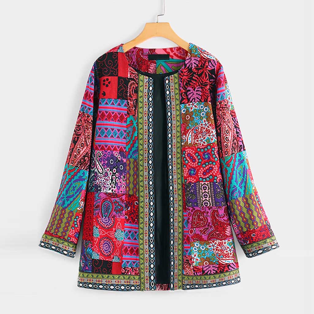 Herfst Vrouwen Vintage Etnische Stijl Bloemenprint Lange Mouwen Plus Size Katoenen Jas Jas Katoenen Jas Losse Jas Vrouw Jas