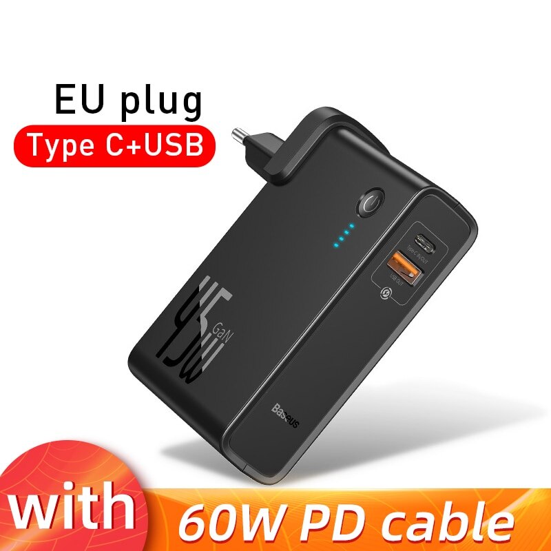 Baseus GaN Power Bank Charger 10000mAh 45W USB C PD Fast Charging 2 in 1 Charger & Battery in One For iP11 Pro Laptop ForXiaomi: EU Type C USB Black