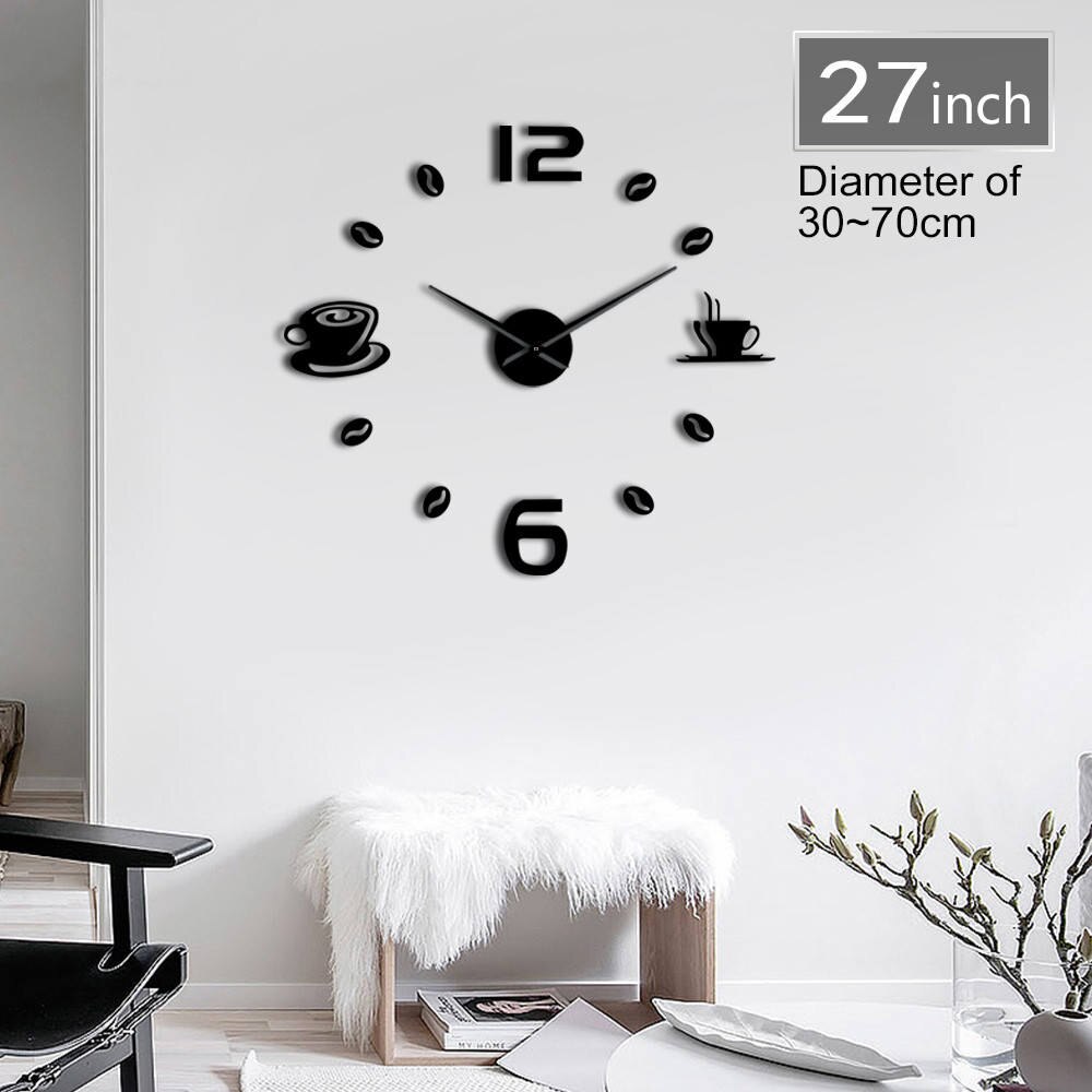 1Piece DIY Coffee Large Numer Wall Clock Modern Coffee Bean Giant Wall Clock 3D Mirror Sticker DIY Huge Wall Watch: Black / 47inch