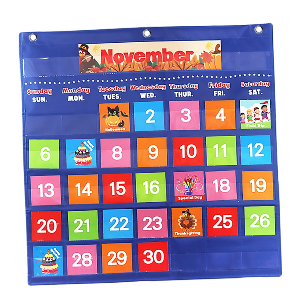 Learning Calendar Pocket Chart Illustrated Cards Day Week Monthly Chart Wall Hanging for Kids Educational Classroom Supplies