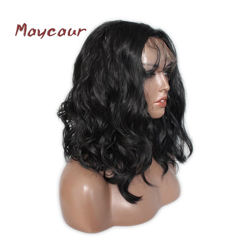 Maycaur-pelucas de cabello ondulado corto, cabello Natural, negro, sintético, con encaje frontal