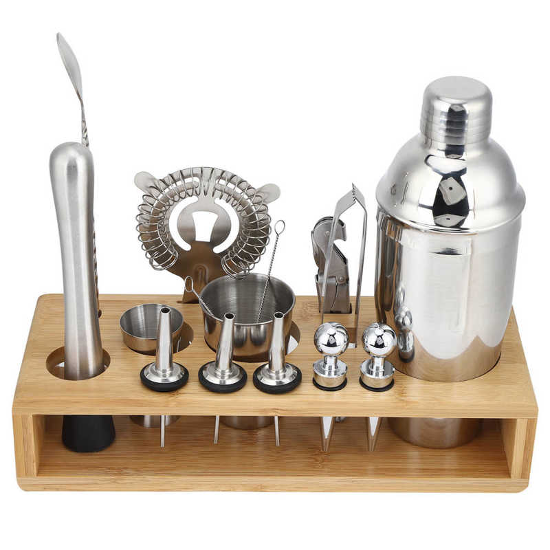 16Pcs 304 Stainless Steel Cocktail Shaker Bar Set Wine Drinking Mixer with Bamboo Stand Bartending Kit