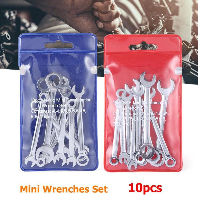 Juego de 10 Uds de Mini llave métrica/pulgadas con espejo y extremo abierto, herramientas de reparación para coche, llave combinada multiherramienta de ciruela, llave inglesa Po A4G4