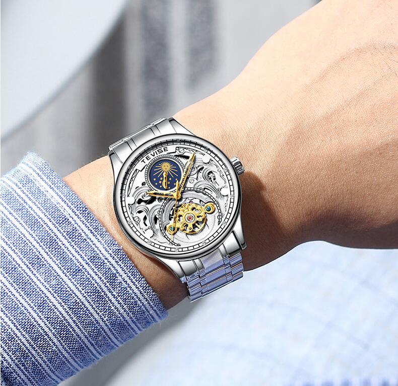 Montre TEVISE phase de lune tourbillon creux automatique mécanique en acier inoxydable poignet hommes montres main bracelet montre