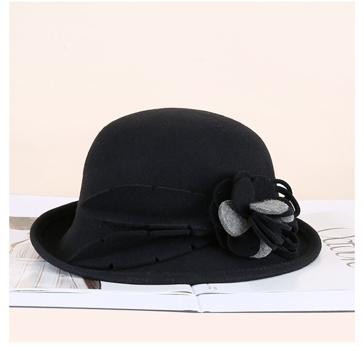Sombreros de lana FS Inglaterra para mujer, sombrero de copa de lana para en la iglesia, sombrero de lavabo para mujer, sombreros de pescador de Vintage para Otoño e Invierno: Black