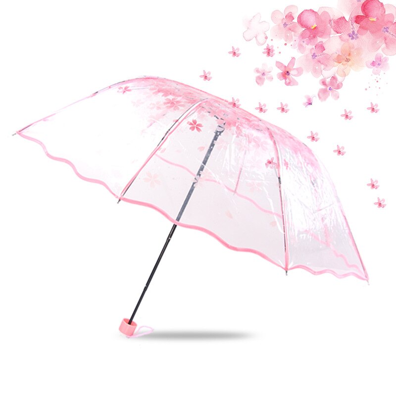 1 stk gennemsigtig paraply flerfarvet klar kirsebærblomst sakura 3 fold paraplyer, foldbart hjemmeregntøj med langt håndtag: Lyserød