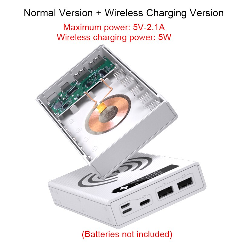 5*18650 Power Bank Case Support Quick &amp; Wireless Charger Detachable 18650 battery Holder Charging Box Charge QC 3.0 PD DIY Shell: wireless White