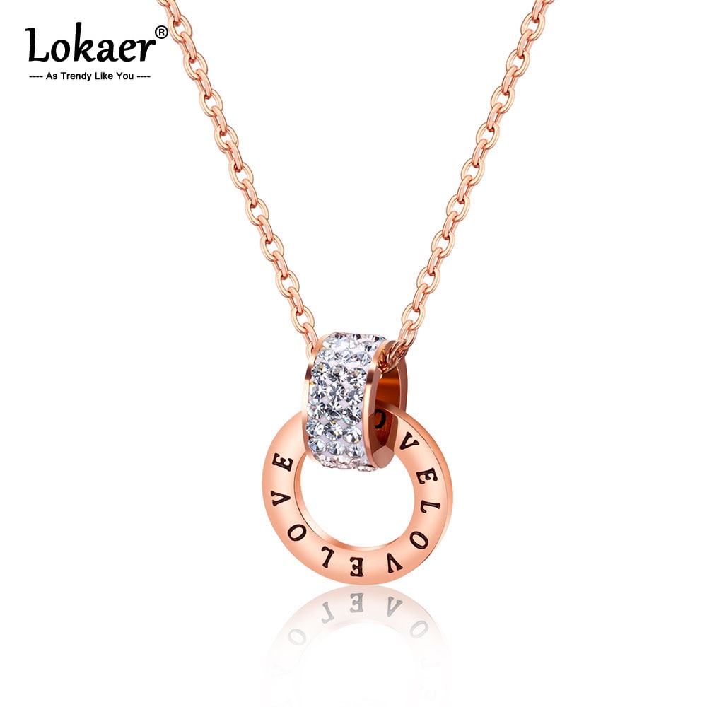 Lokaer Böhmen SchöNe Strass Doppel Kreis Charme Halsketten & Anhänger Edelstahl Schmuck Für Frauen N17075