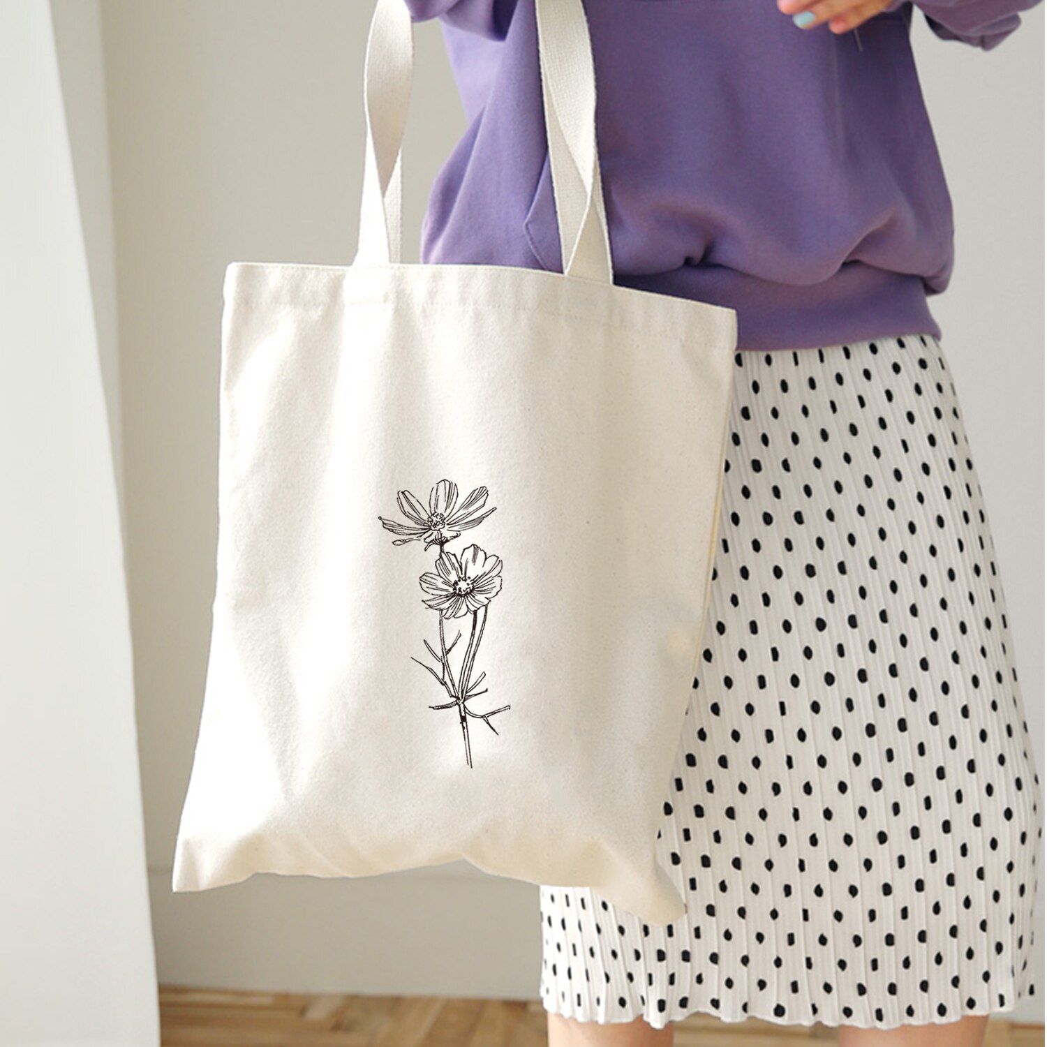 Bolso de hombro estampado de flores para mujer, con dibujo de líneas, estilo estudiante, Eco Harajuku, gran capacidad, arte literario