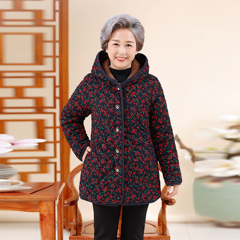 Plus size oudere vrouwen winterjas met capuchon warm plus fluweel dikke katoenen jas oma losse bedrukte winterparka bovenkleding