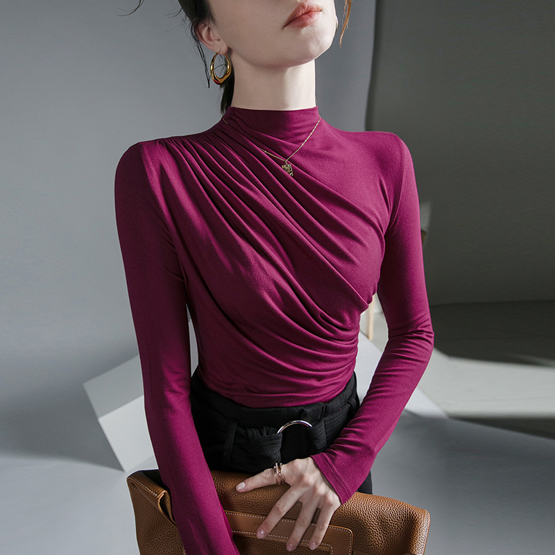 Ensfarvet basisk langærmet dame-t-shirt afslappet sort hvid top-t-shirt dame europæisk t-shirt