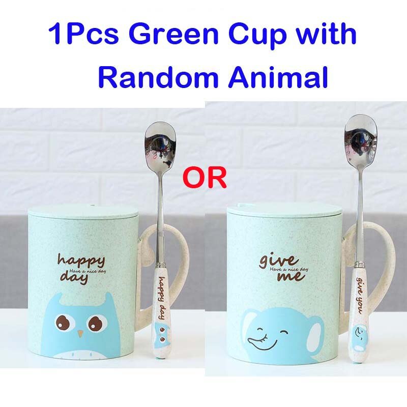 Tazas de bambú para bebé, vasos bonitos de 450ML para alimentación, con asa, cuchara, Material seguro para la Naturaleza, vasos de leche para niños: Green Random Animal