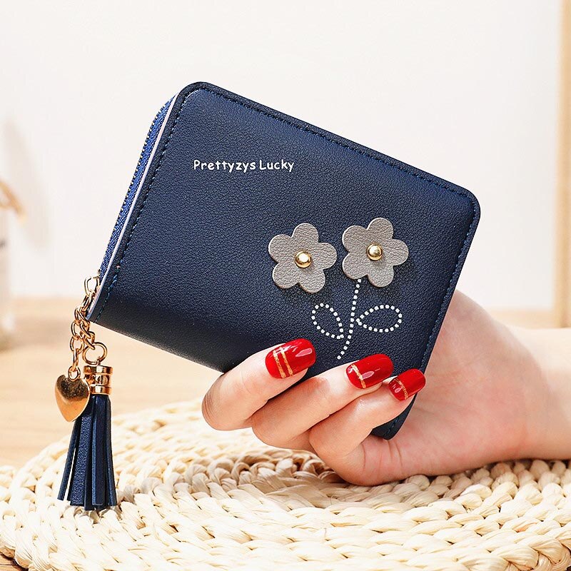 Coin Purses Cards Holder Tassels Zipper Heart Moneybags Woman Wallet Bags Lady Short Purse Girls Notecase Pocket Flower Wallets: Dark Blue