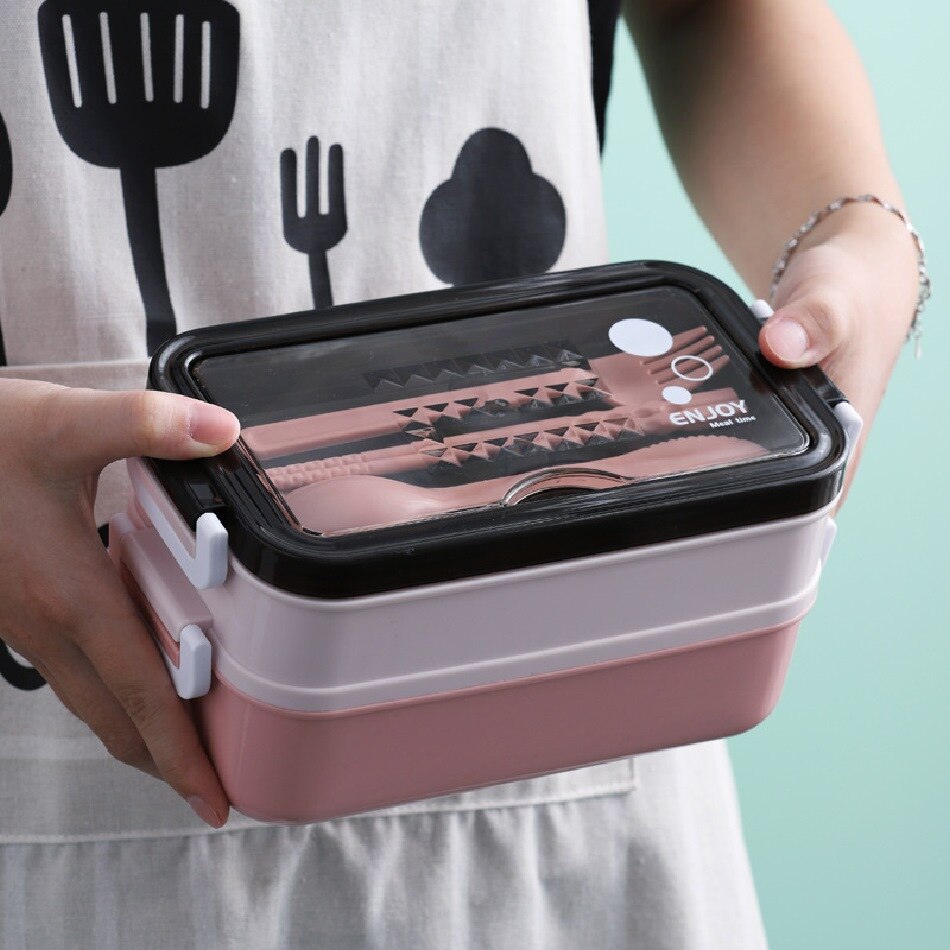 Double Layer Lunch Box Bento Box With Soup Bowl Leak-Proof Bento Box Dinnerware Set Microwave Adult Kids Office Food Storage Box