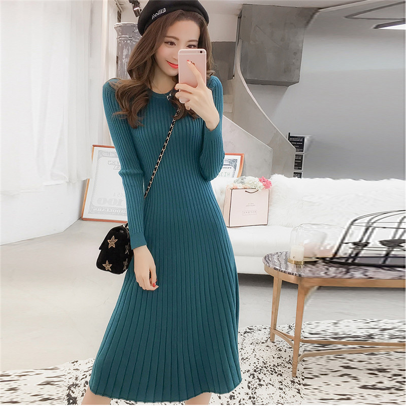 Women Spring Autumn knitted Dress simple Slim Female render Dress Temperament Long sleeve long Dresses QZ022