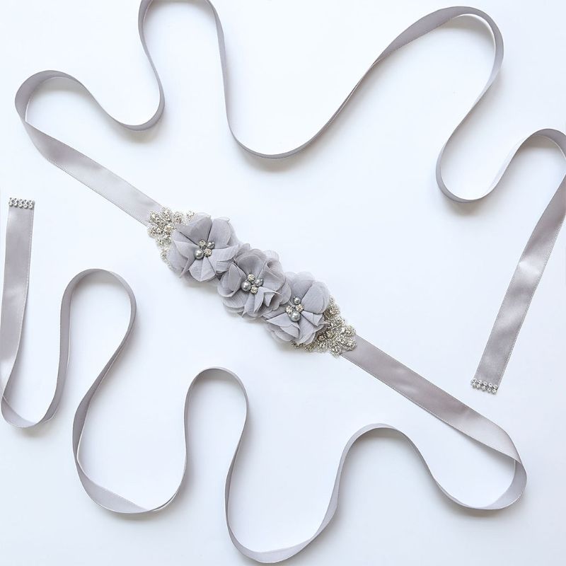 fajín de Tres flores para mujer, pretina de cuentas de estrás, fajín nupcial, fajín para boda, vestido ceñido en la cintura, cinturón, 12 colores: Gris