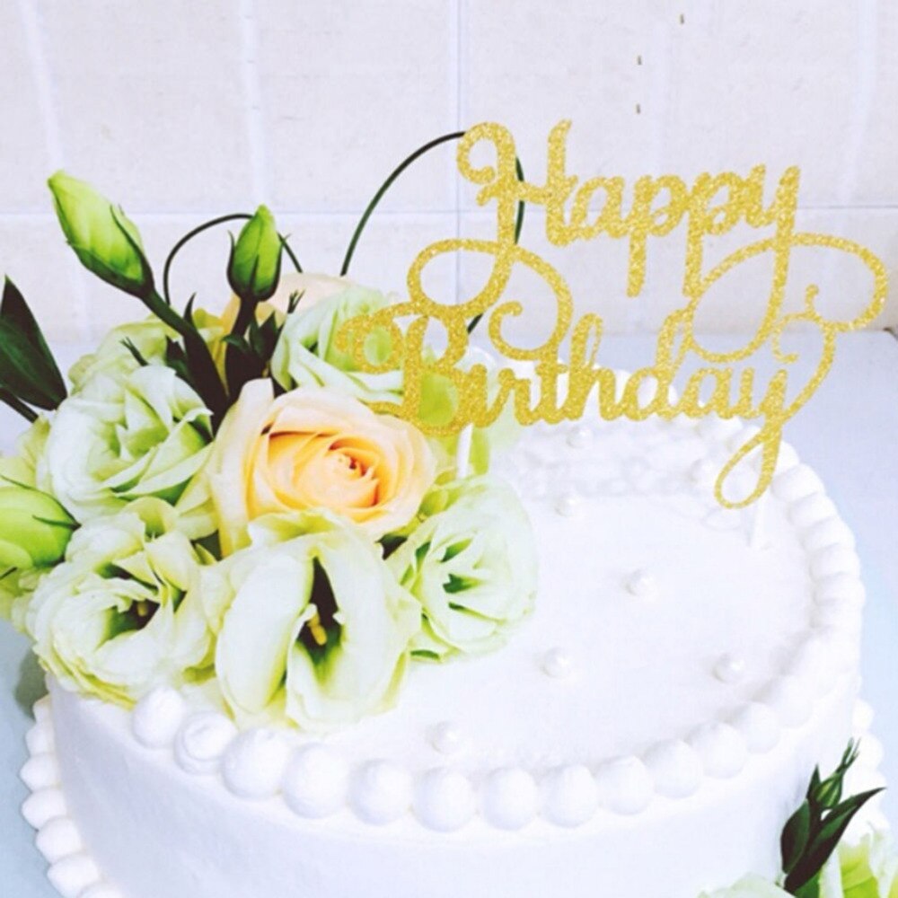 Roze gouden happy birthday taarttopper van acryl met gouden en zilveren letters, decoratie voor een jongensverjaardagsfeestje of bruiloft.