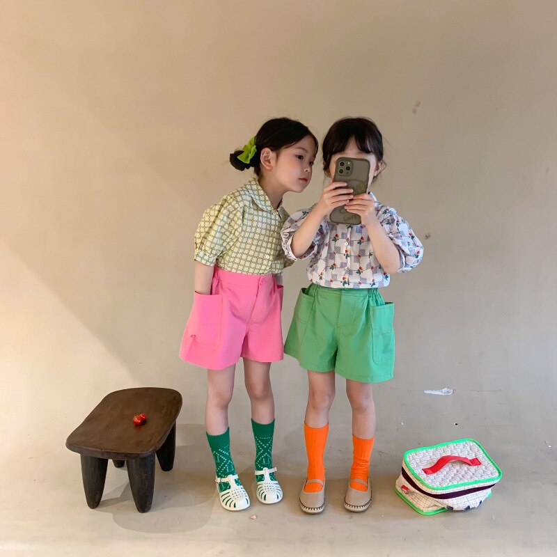 Pantalones cortos holgados de algodón para niñas, shorts informales con bolsillos grandes laterales, estilo coreano