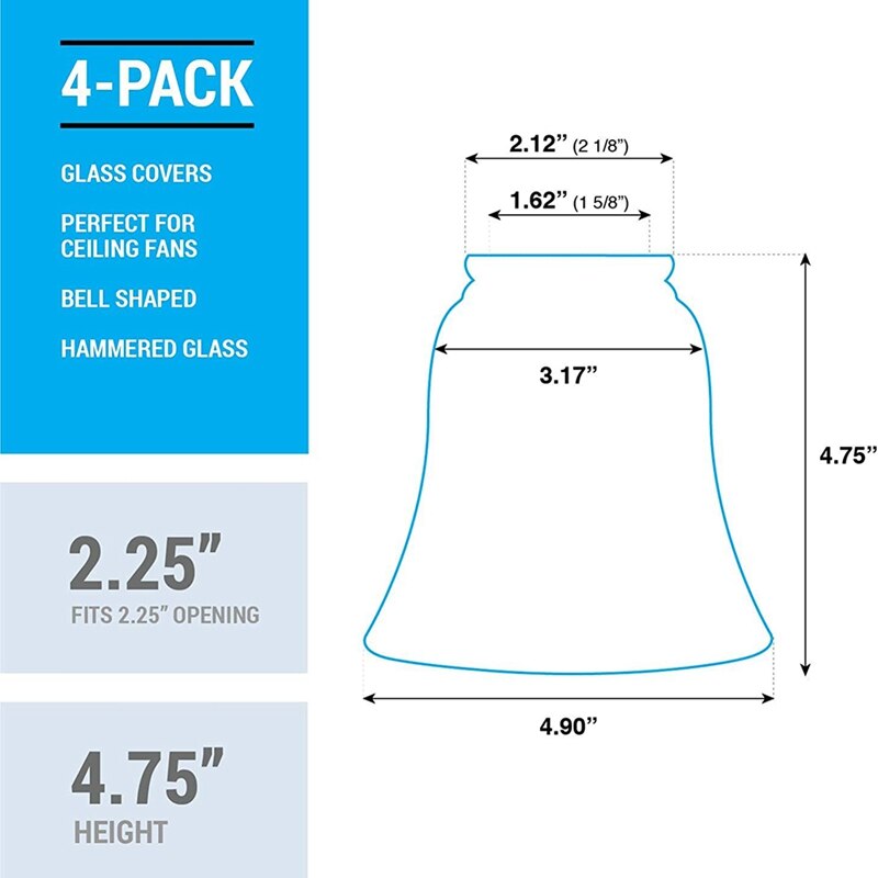 4PCS Ceiling Fan Light Covers, Glass Replacement Shades for Ceiling Fans,Light Fixtures with Decorative Hammered Finish