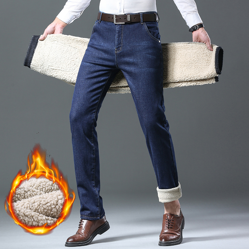 Pantalones vaqueros de lana cálidos de invierno para hombre 2025, pantalones vaqueros térmicos informales gruesos elásticos rectos, pantalones de trabajo de negocios para hombre, nueva ropa para hombre
