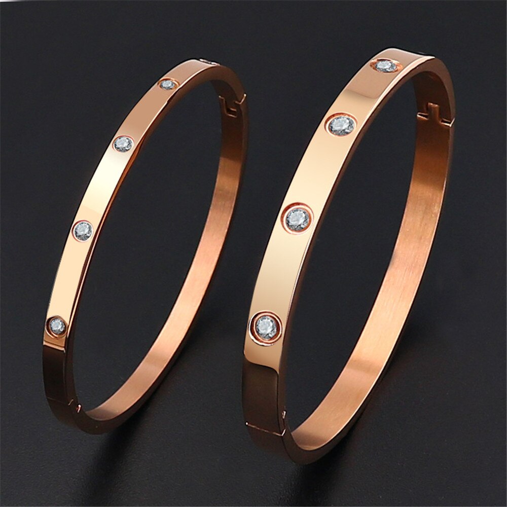 Pulseiras de design oval luxo aço inoxidável abertura rosa ouro zircão pedra amor pulseira pulseira feminino jóias menina acessórios