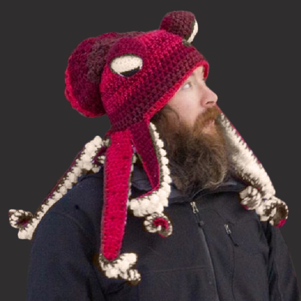 Knit Octopus Hats Beard Hand Weave Wool Christmas Cosplay Party Funny Tricky Headwear Warm Winter Men Hat Bonnet: Red