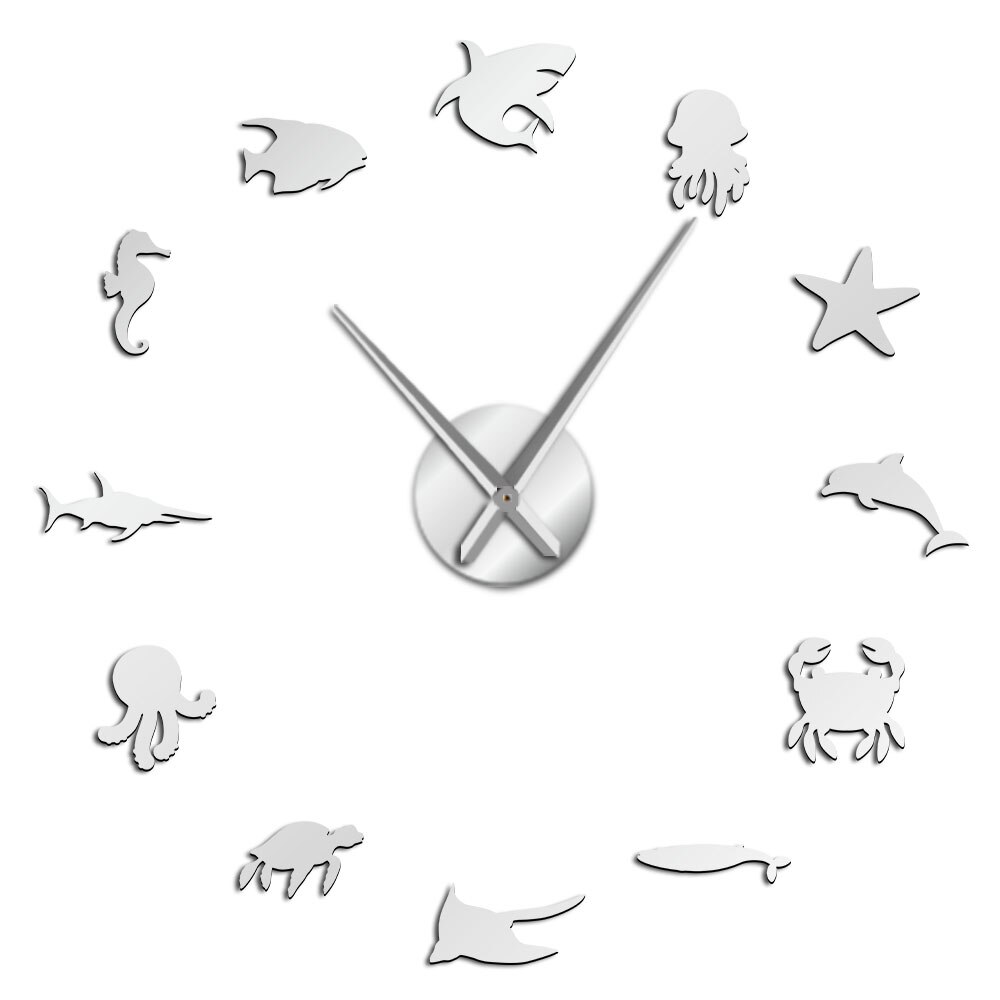 Reloj de pared de animales acuáticos para decoración de habitación de niños, pegatinas de espejo acrílico 3D DIY, mecanismo de cuarzo, vida marina, dormitorio: Silver / 12  inch
