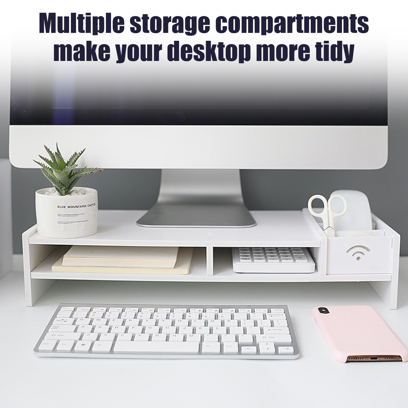 Besegad PC Computer Monitor Stand Riser Laptop Holder Wooden Desk Organizer Shelf Easy Assemble for Home School Office Desktop