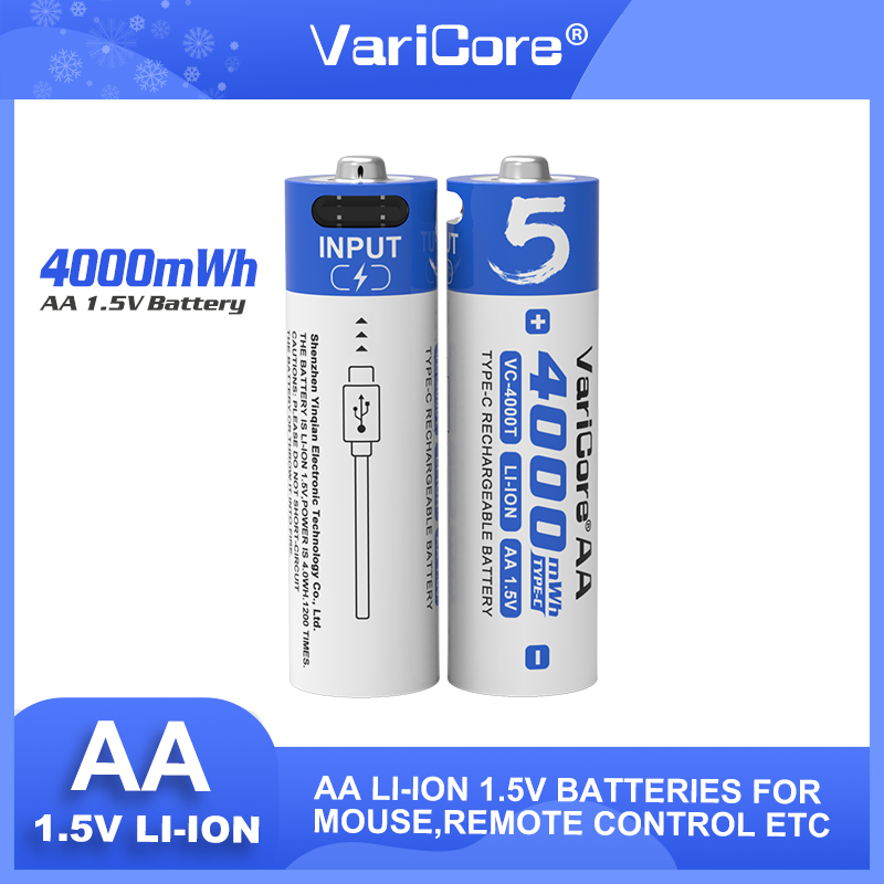 Varicore pilas recargables AA 1,5 V 4000 mWh batería de litio de gran capacidad tipo C carga rápida USB para ratón de juguete