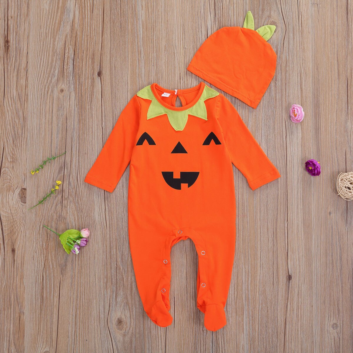 Ma&Baby 0-6M Halloween Baby Boy Girl Pumpkin Jumpsuit Newborn Infant Baby Long Sleeve Footies Soft Baby Party Clothes + Hat