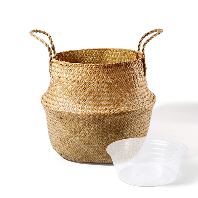 20cm Handmade Rattan Woven Basket with Waterproof Cover Foldable Seagrass Clothing Storage Basket Home Decor Flowerpot Organizer