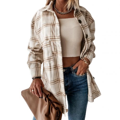 Dames stijlvolle omslagkraag zakken jas geruite knopen lang overhemd jas: Wit / S