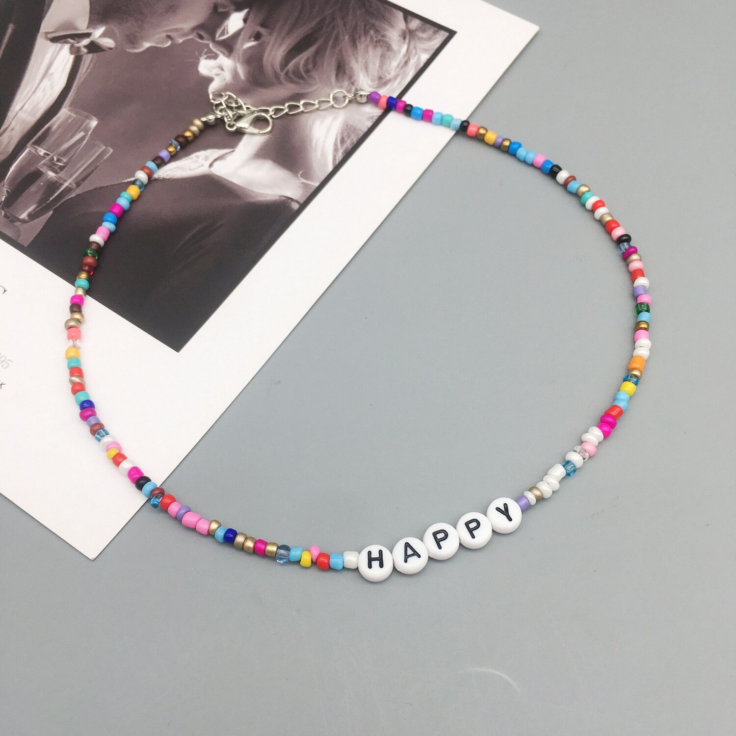 Boho Handmade Diy Seed Bead Necklace Letter Lucky Love Happy Choker Strand Chain Colorful Female Beach Collier Femme Jewelry: Happy