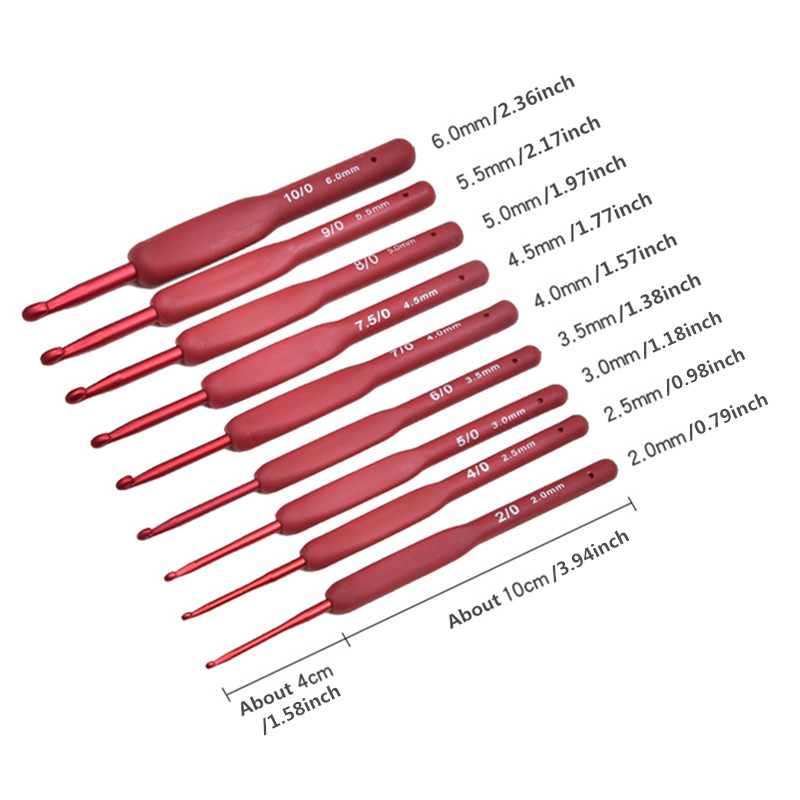 9PCS Red Crochet Hooks Ergonomic Crochet Hook Set Soft Touch Aluminum Crochet Needle 2.0-6.0mm Crochet Kit