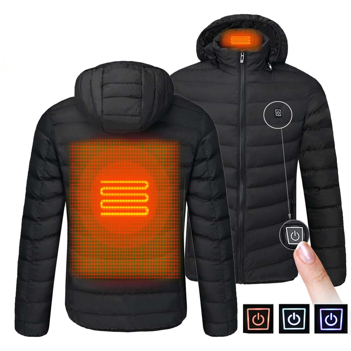 Abrigo de algodón con calefacción eléctrica para hombre y mujer, chaqueta calefactable con carga USB y capucha extraíble para caminar, acampar, pescar y esquiar